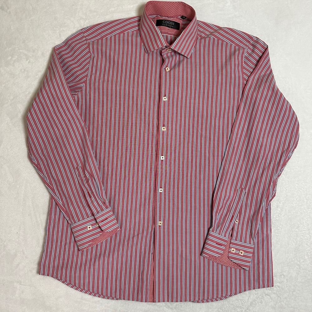 COOGI Classic Mens XL Striped Button Down Shirt Red Blue White Business Casual